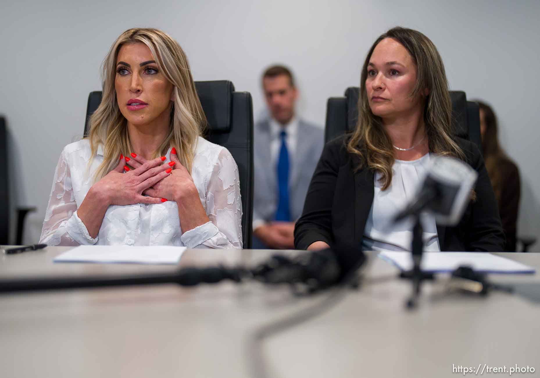 (Trent Nelson  |  The Salt Lake Tribune) The women who are accusing Tim Ballard of sexual misconduct hold a news conference in Salt Lake City on Tuesday, Nov. 21, 2023. From left are Kira Lynch and Jordana (Bree) Righter,