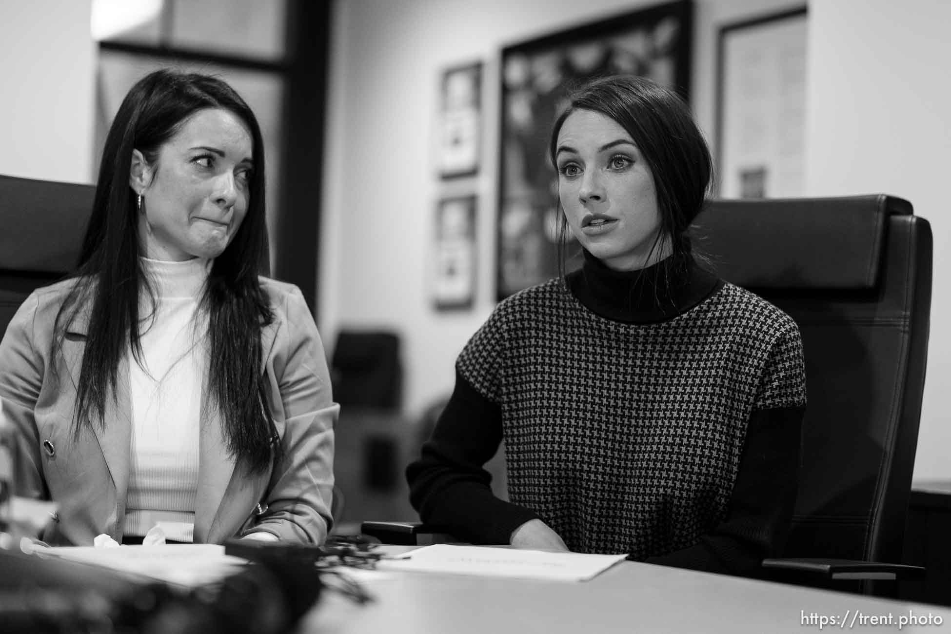 (Trent Nelson  |  The Salt Lake Tribune) The women who are accusing Tim Ballard of sexual misconduct hold a news conference in Salt Lake City on Tuesday, Nov. 21, 2023. From left are Sashleigha (Sasha) Hightower and Mary Hall.