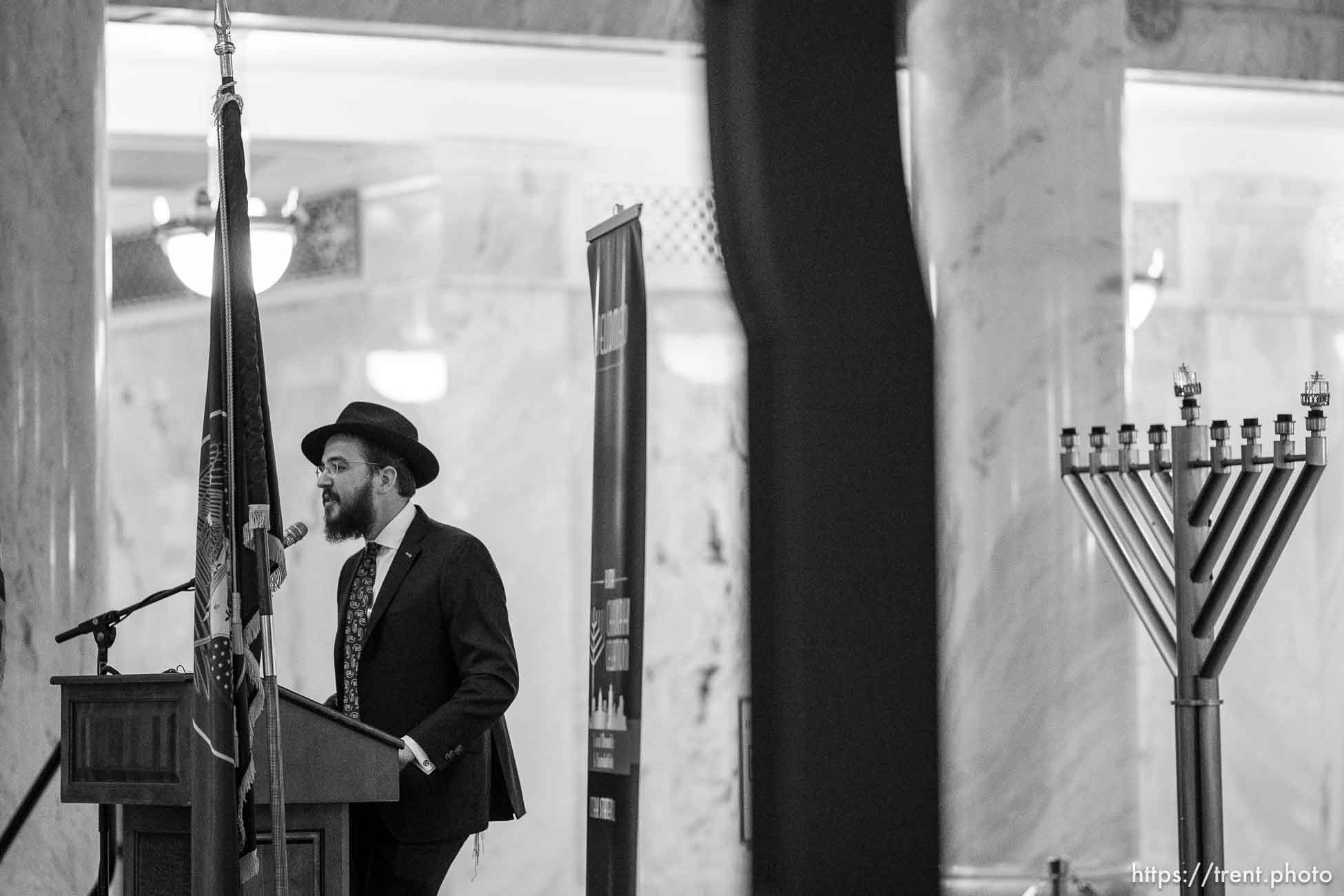 (Trent Nelson  |  The Salt Lake Tribune) Rabbi Avremi Zippel as the beginning of Hanukkah is marked by the lighting of a menorah at the Utah Capitol in Salt Lake City on Thursday, Dec. 7, 2023.