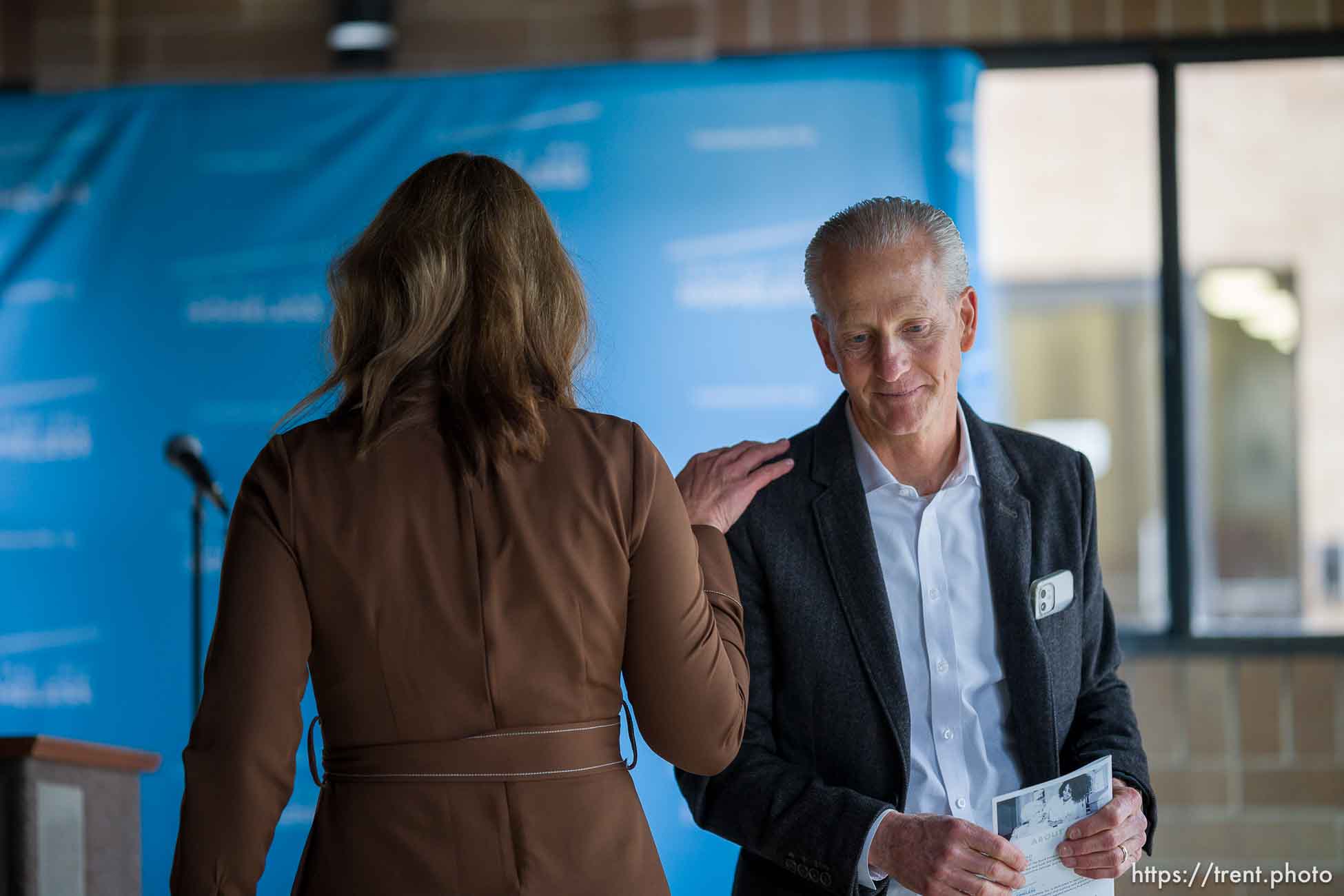 (Trent Nelson  |  The Salt Lake Tribune) Laurie Hopkins and Wayne Niederhauser at the opening of the Medically Vulnerable People (MVP) Program Facility in Sandy on Friday, Dec. 8, 2023.