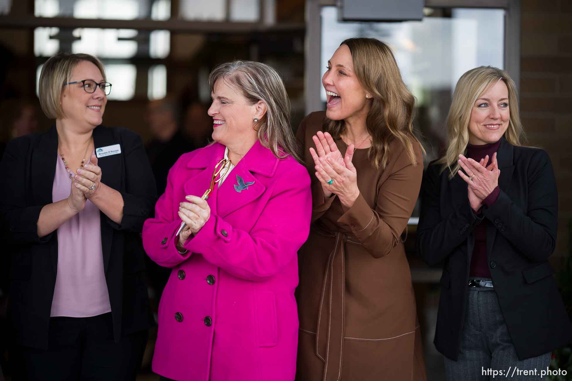 (Trent Nelson  |  The Salt Lake Tribune) Brooke D'Sousa, Monica Zoltanski, Laurie Hopkins and Aimee Winder Newton at the opening of the Medically Vulnerable People (MVP) Program Facility in Sandy on Friday, Dec. 8, 2023.