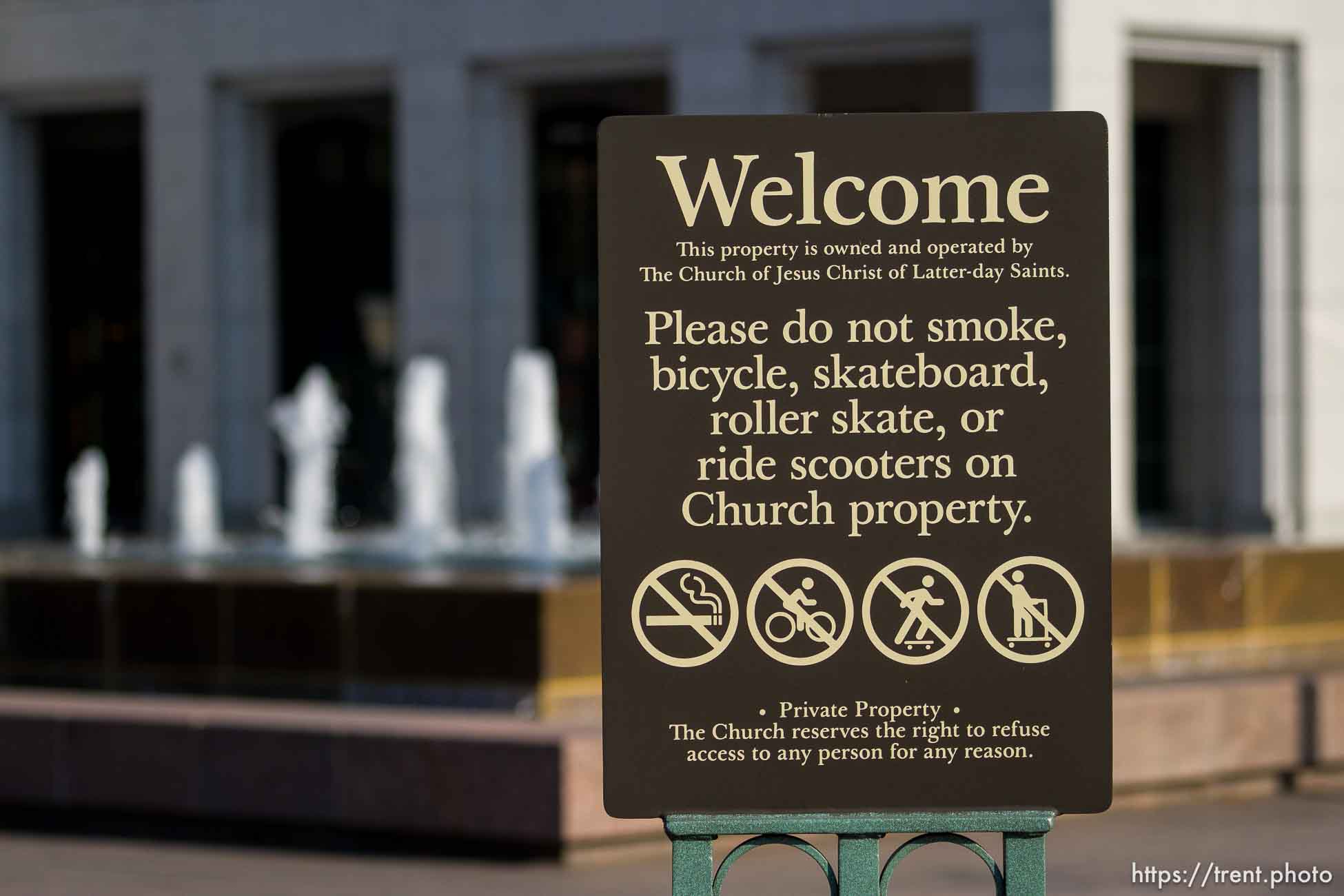 Welcome please do not smoke, bicycle, skateboard, roller skate, ride scooters on Church property
in Salt Lake City on Tuesday, Dec. 12, 2023.