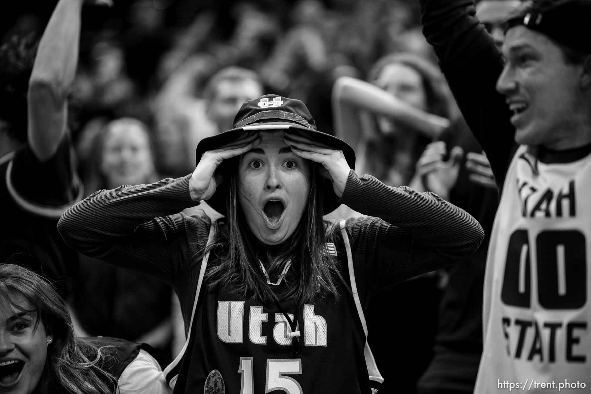(Trent Nelson  |  The Salt Lake Tribune) A Utah State fan reacts to the final score as Utah State faces San Francisco in Salt Lake City on Saturday, Dec. 16, 2023.