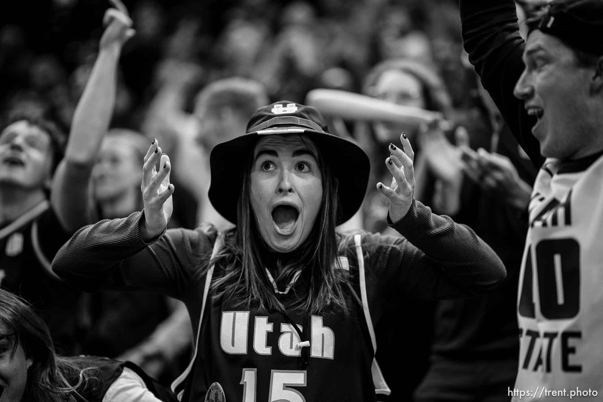 (Trent Nelson  |  The Salt Lake Tribune) A Utah State fan reacts to the final score as Utah State faces San Francisco in Salt Lake City on Saturday, Dec. 16, 2023.