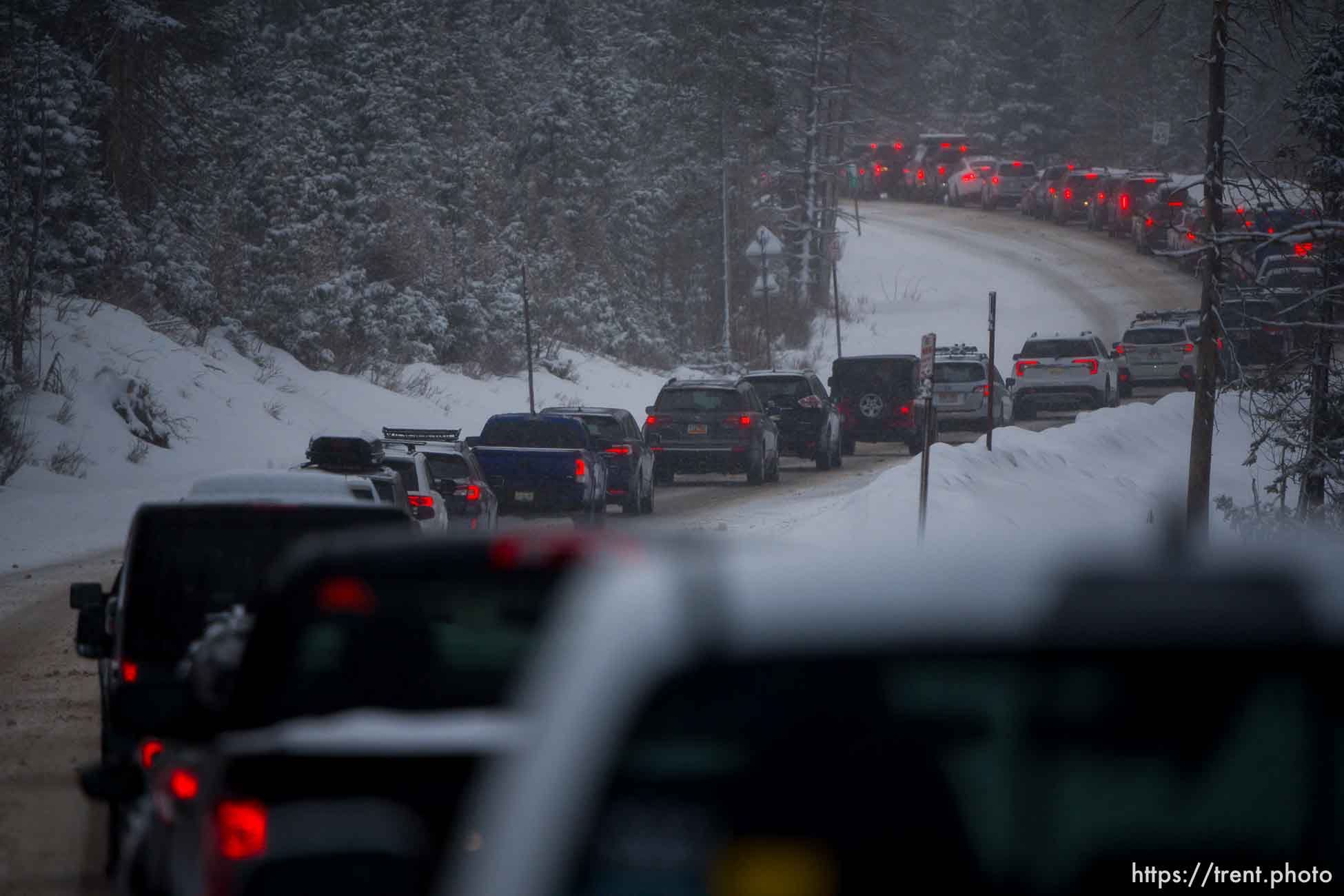 (Trent Nelson  |  The Salt Lake Tribune) Traffic at a standstill in Big Cottonwood Canyon on Saturday, Dec. 23, 2023.