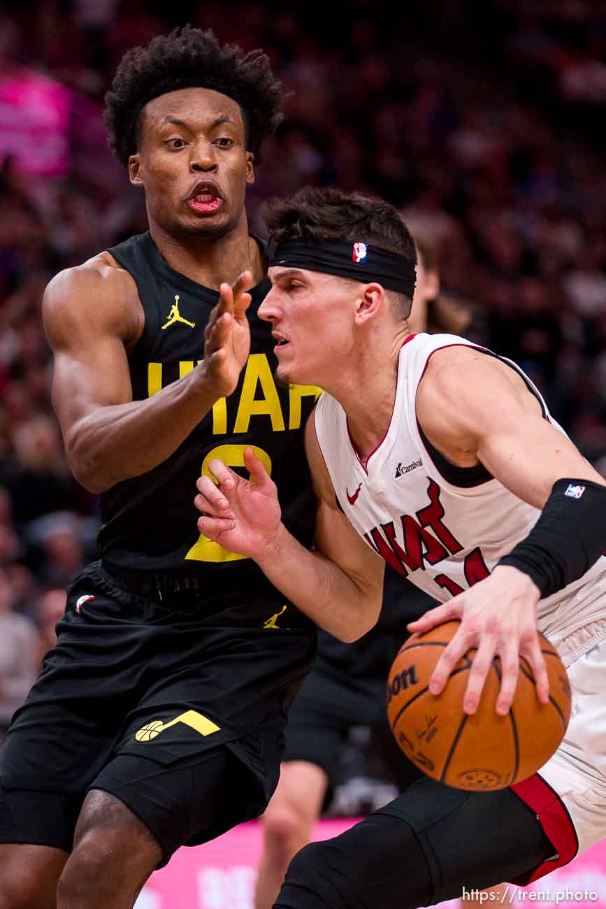 (Trent Nelson  |  The Salt Lake Tribune) Utah Jazz guard Collin Sexton (2) defending Miami Heat guard Tyler Herro (14) as the Utah Jazz host the Miami Heat, NBA basketball in Salt Lake City on Saturday, Dec. 30, 2023.