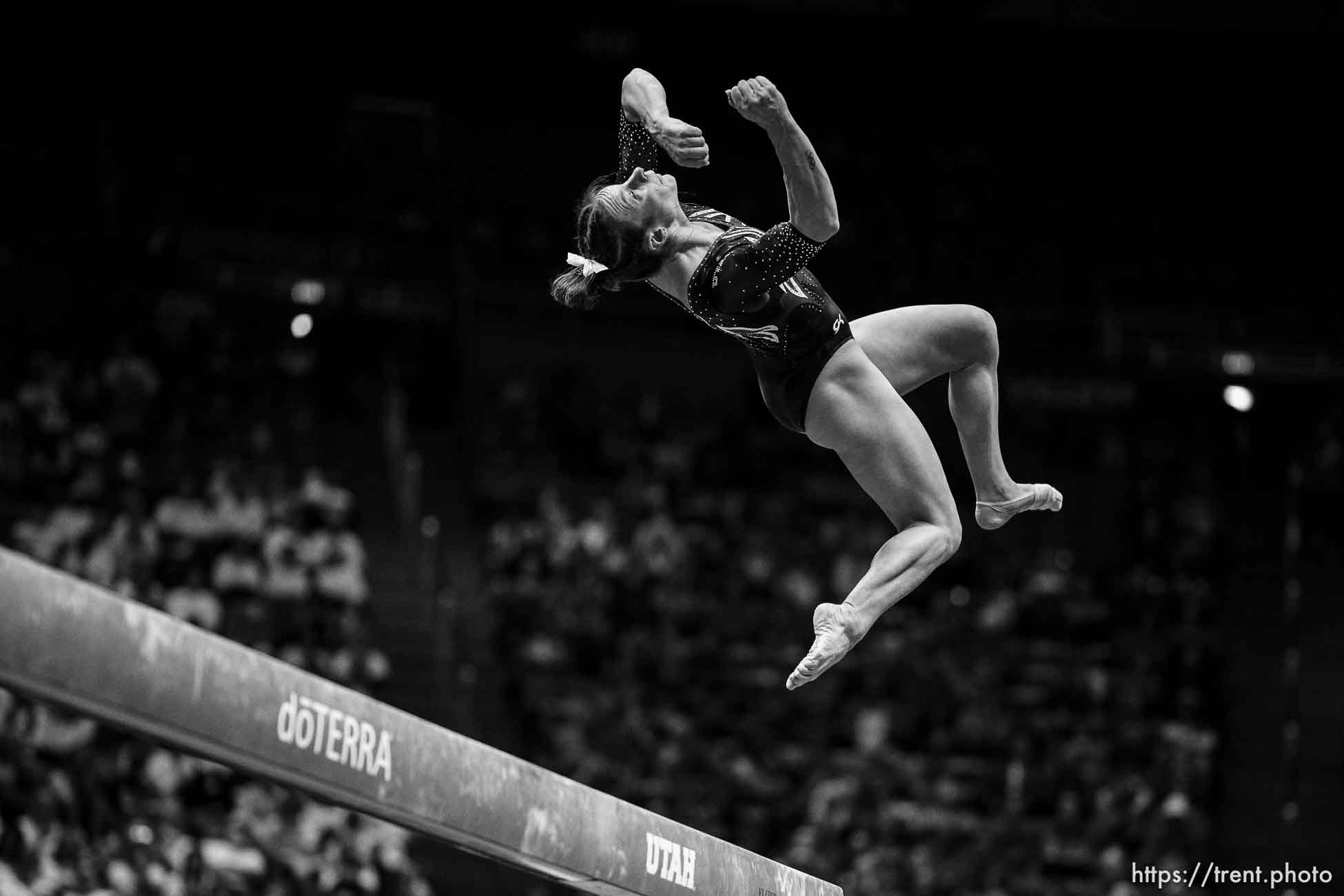 (Trent Nelson  |  The Salt Lake Tribune) Grace McCallum on the beam as Utah hosts Boise State, NCAA gymnastics in Salt Lake City on Friday, Jan. 5, 2024.