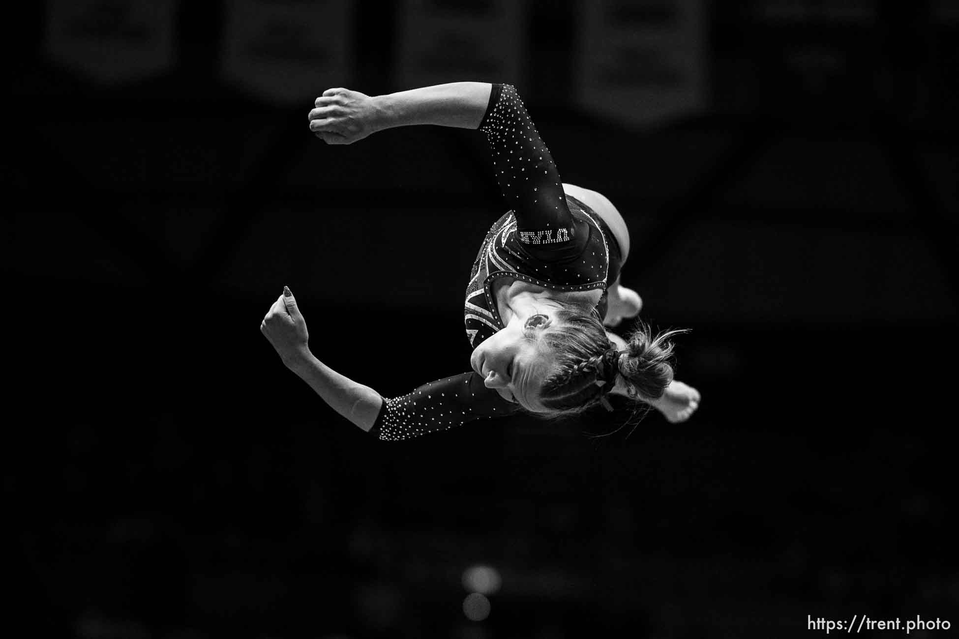 (Trent Nelson  |  The Salt Lake Tribune) Abby Paulson on the beam as Utah hosts Boise State, NCAA gymnastics in Salt Lake City on Friday, Jan. 5, 2024.