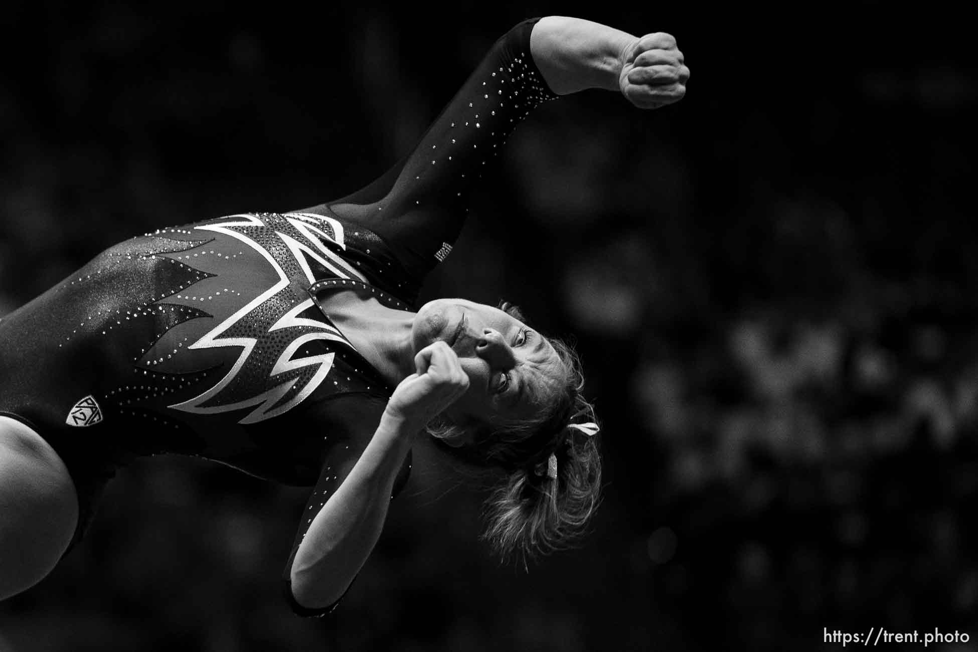 (Trent Nelson  |  The Salt Lake Tribune) Jaylene Gilstrap on the floor as Utah hosts Boise State, NCAA gymnastics in Salt Lake City on Friday, Jan. 5, 2024.