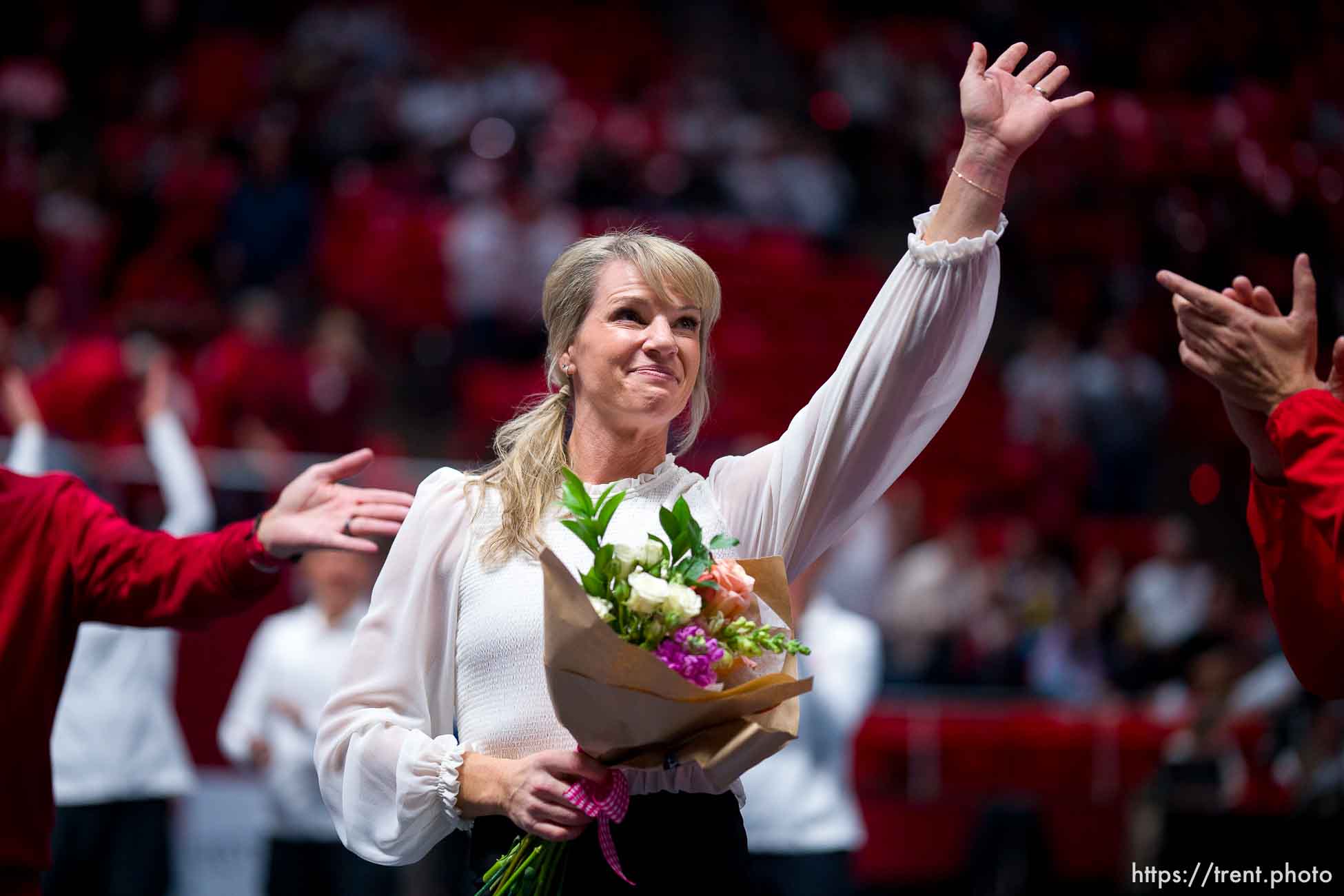 (Trent Nelson  |  The Salt Lake Tribune) Utah coach Carly Dockendorf celebrates her first win as Utah hosts Boise State, NCAA gymnastics in Salt Lake City on Friday, Jan. 5, 2024.