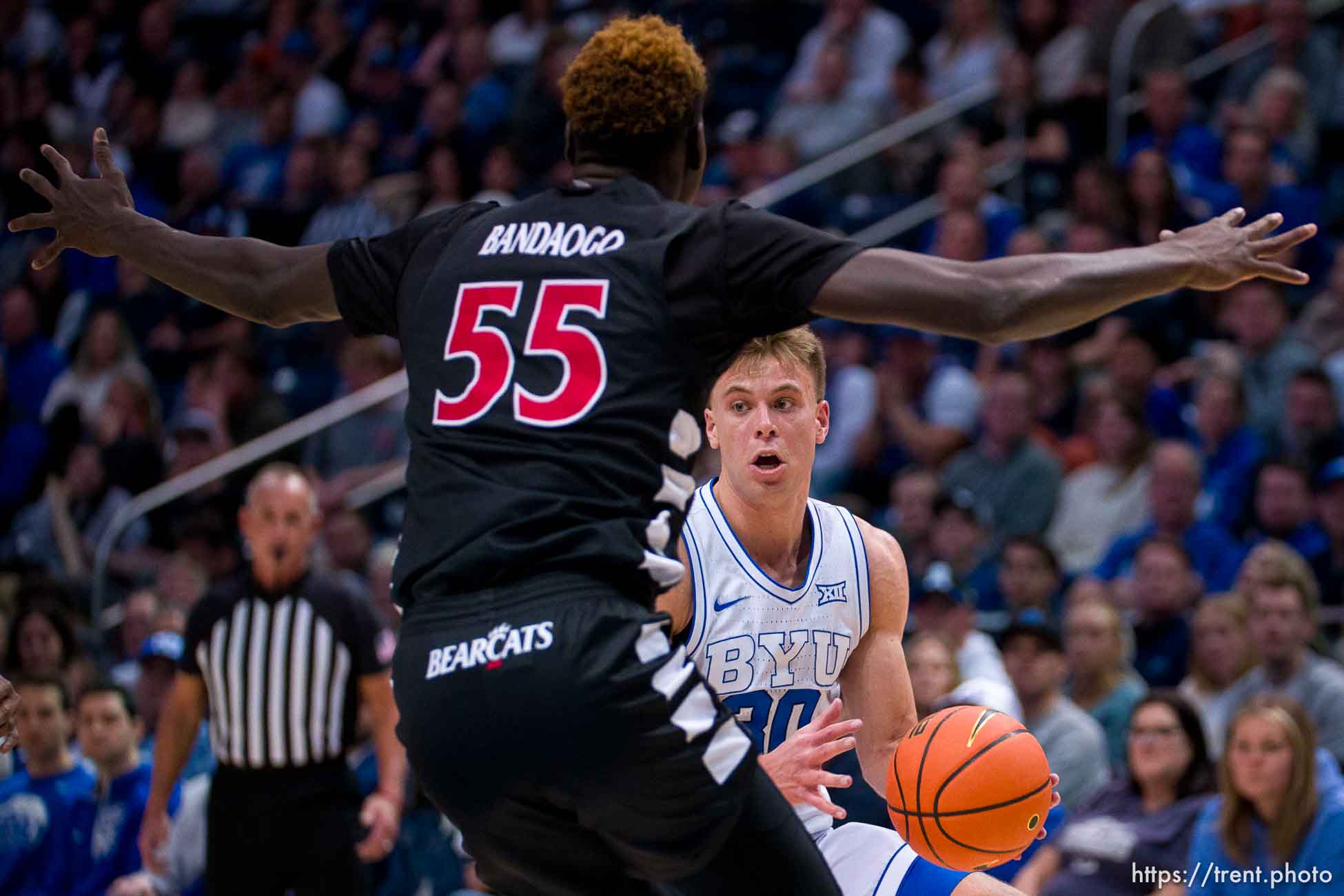 (Trent Nelson  |  The Salt Lake Tribune) Brigham Young Cougars guard Dallin Hall (30) as BYU hosts Cincinnati, NCAA basketball in Provo on Saturday, Jan. 6, 2024.