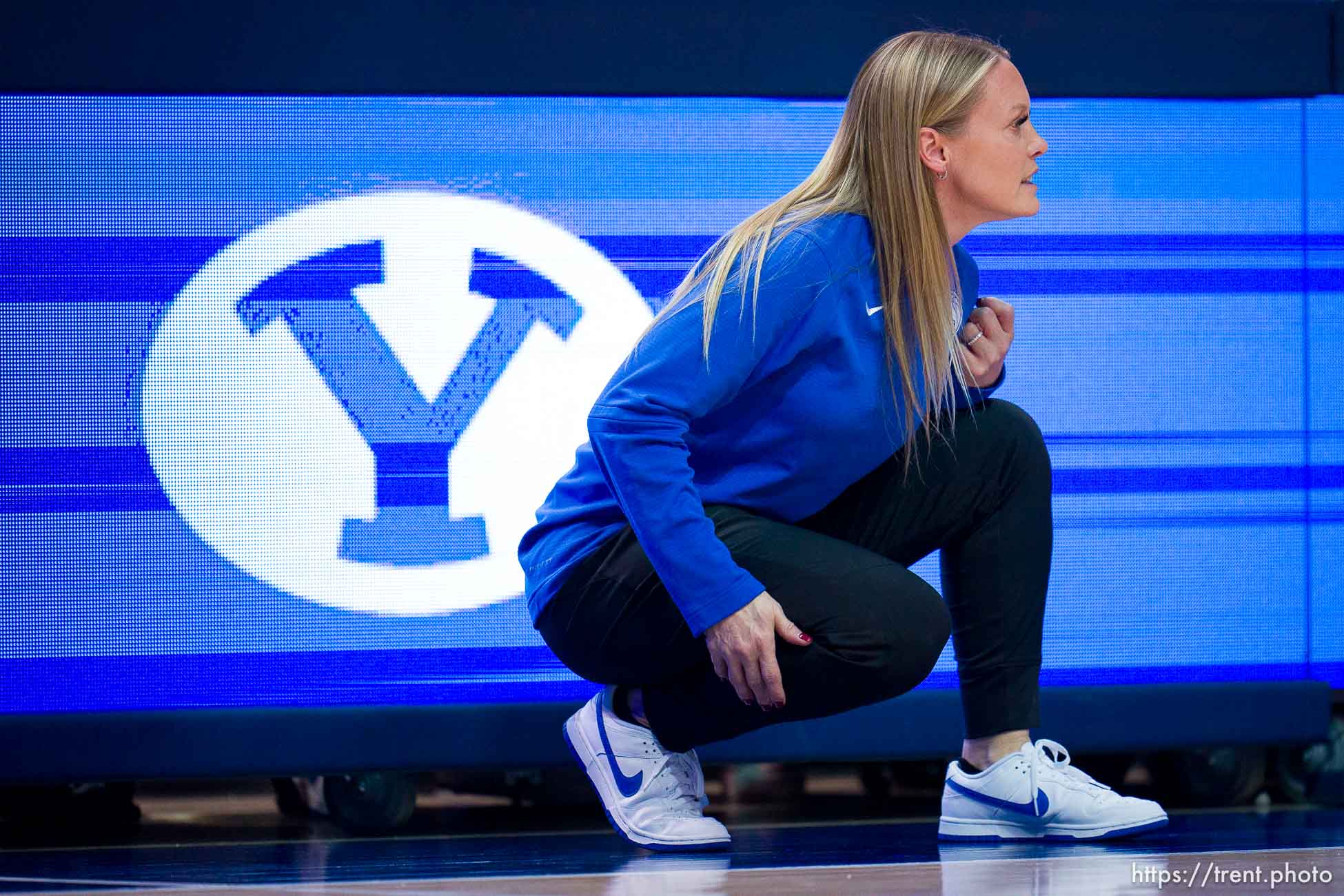 (Trent Nelson  |  The Salt Lake Tribune) Coach Amber Whiting as BYU hosts Iowa State, NCAA basketball in Provo on Saturday, Jan. 6, 2024.