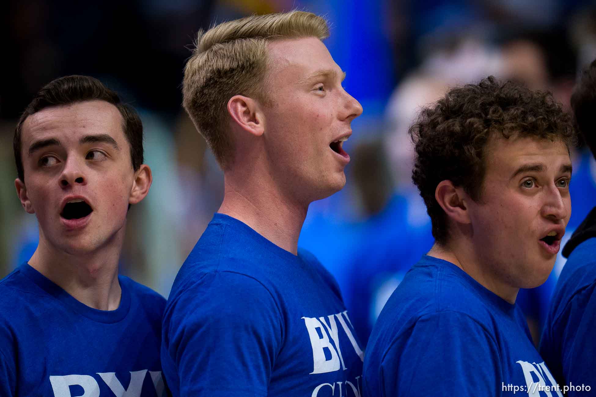 (Trent Nelson  |  The Salt Lake Tribune) Choir students sing the National Anthem as BYU hosts Cincinnati, NCAA basketball in Provo on Saturday, Jan. 6, 2024.