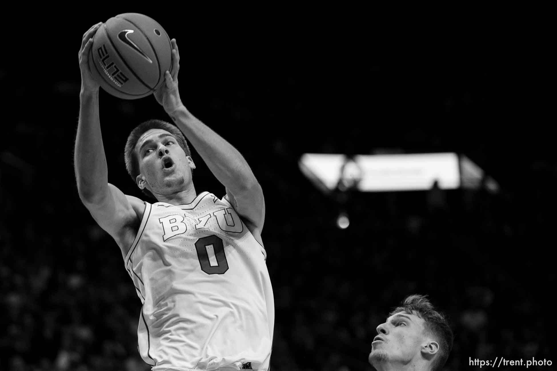 (Trent Nelson  |  The Salt Lake Tribune) Brigham Young Cougars forward Noah Waterman (0) as BYU hosts Cincinnati, NCAA basketball in Provo on Saturday, Jan. 6, 2024.