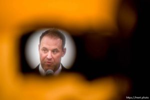 (Trent Nelson  |  The Salt Lake Tribune) House Speaker Mike Schultz, R-Hooper, is seen through a news camera speaking at a news conference at the Utah Capitol in Salt Lake City on Wednesday, Jan. 10, 2024.