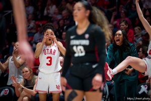 (Trent Nelson  |  The Salt Lake Tribune) Utah Utes guard Lani White (3) and Jerise Freeman as Utah hosts Stanford, NCAA basketball in Salt Lake City on Friday, Jan. 12, 2024.