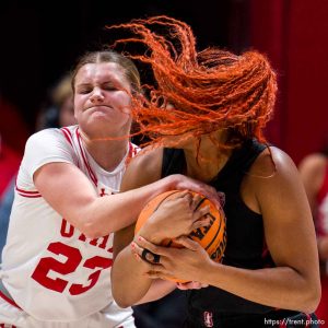 (Trent Nelson  |  The Salt Lake Tribune) Utah Utes guard Matyson Wilke (23) and Stanford Cardinal forward Kiki Iriafen (44) as Utah hosts Stanford, NCAA basketball in Salt Lake City on Friday, Jan. 12, 2024.