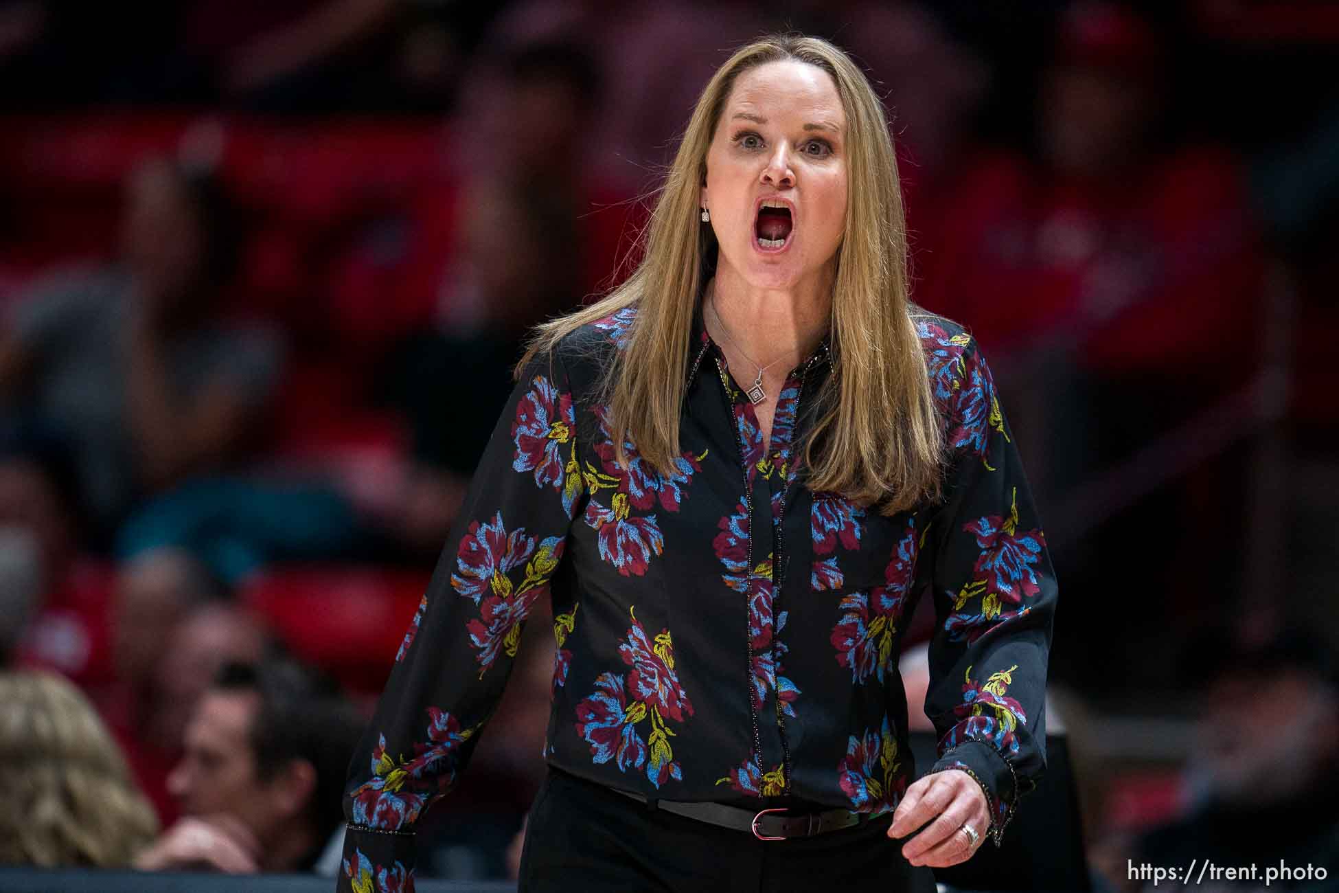 (Trent Nelson  |  The Salt Lake Tribune) Utah coach Lynne Roberts as Utah hosts Stanford, NCAA basketball in Salt Lake City on Friday, Jan. 12, 2024.