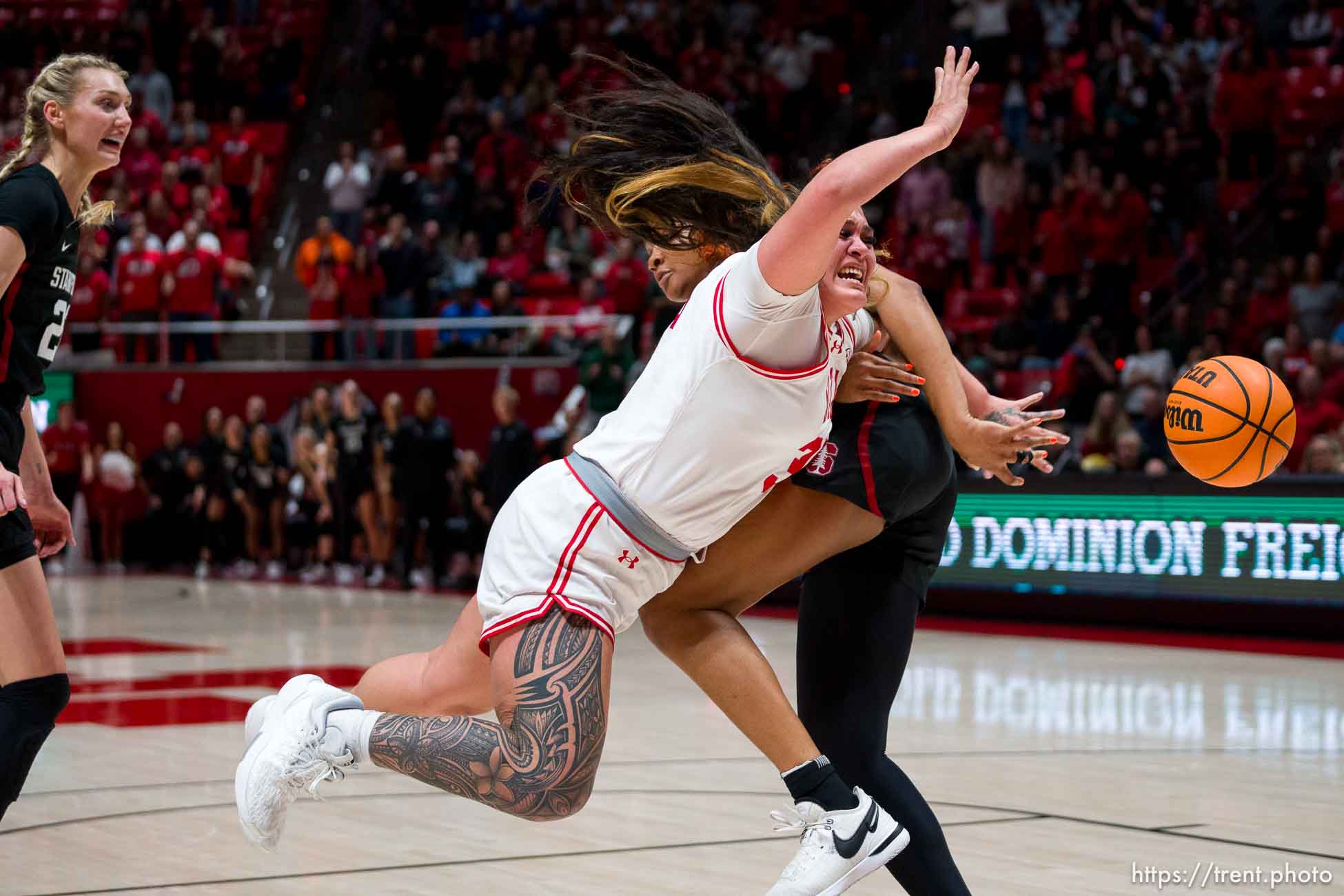 (Trent Nelson  |  The Salt Lake Tribune) Utah Utes forward Alissa Pili (35) is stopped by Stanford Cardinal forward Kiki Iriafen (44) with five seconds left in the game as Utah hosts Stanford, NCAA basketball in Salt Lake City on Friday, Jan. 12, 2024.