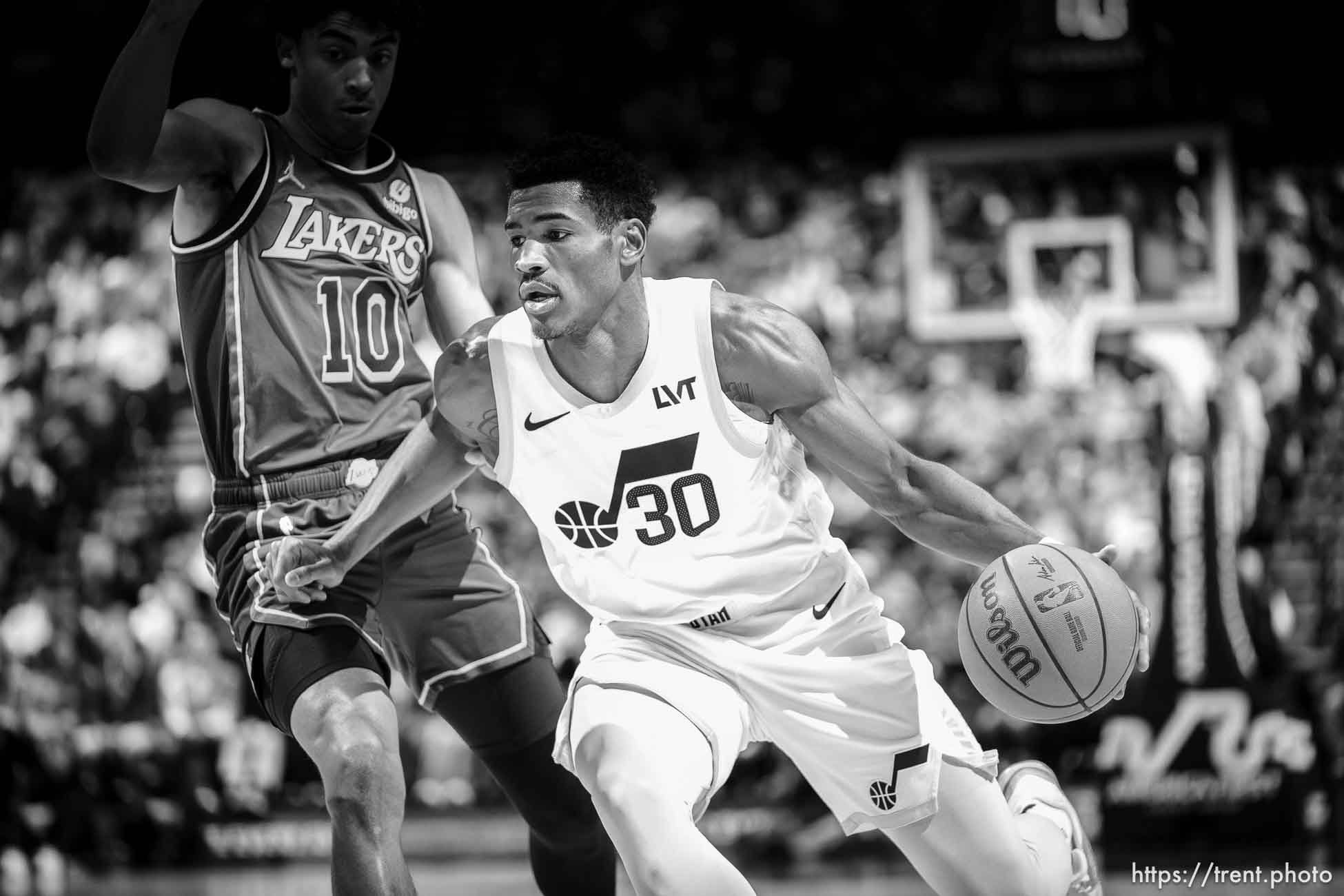 (Trent Nelson  |  The Salt Lake Tribune) Utah Jazz guard Ochai Agbaji (30) as the Utah Jazz host the Los Angeles Lakers, NBA basketball in Salt Lake City on Saturday, Jan. 13, 2024.