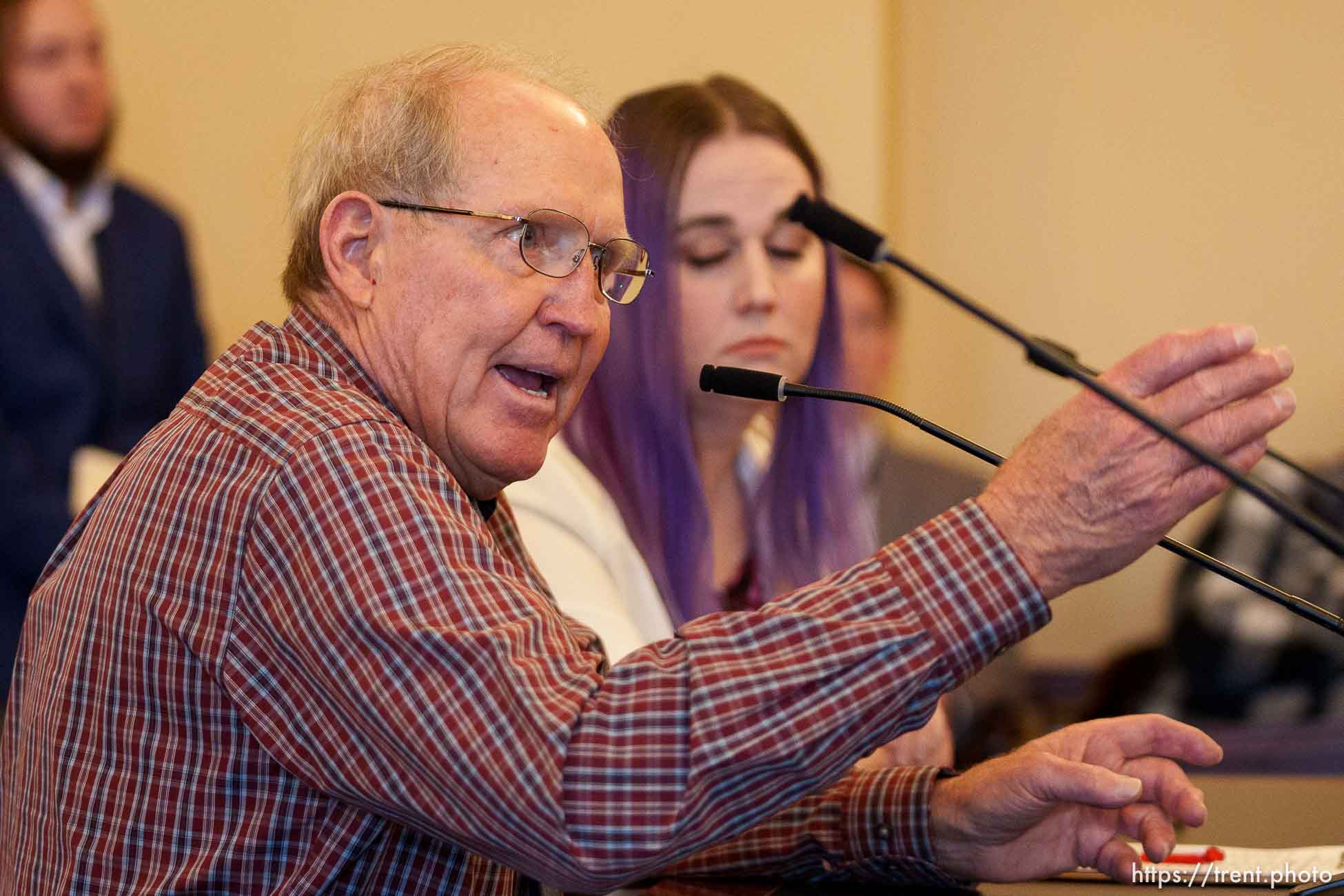 (Trent Nelson  |  The Salt Lake Tribune) A man speaks in favor of Rep. Kera Birkeland's bill to narrow Utah's legal definitions of sex to exclude transgender people (HB 257) at a meeting of the House Business and Labor Committee at the Utah Capitol in Salt Lake City on Wednesday, Jan. 17, 2024. At rear is Kayla Aitken, who spoke against the bill.