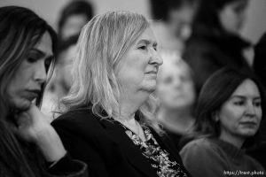 (Trent Nelson  |  The Salt Lake Tribune) Sue Robbins reacts, listening to Nikki Smith's public comment on Rep. Kera Birkeland's bill to narrow Utah's legal definitions of sex to exclude transgender people (HB 257) at a meeting of the House Business and Labor Committee at the Utah Capitol in Salt Lake City on Wednesday, Jan. 17, 2024.