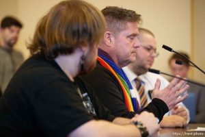 (Trent Nelson  |  The Salt Lake Tribune) Nathan Brimhall speaks against Rep. Kera Birkeland's bill to narrow Utah's legal definitions of sex to exclude transgender people (HB 257) during a meeting of the House Business and Labor Committee at the Utah Capitol in Salt Lake City on Wednesday, Jan. 17, 2024.