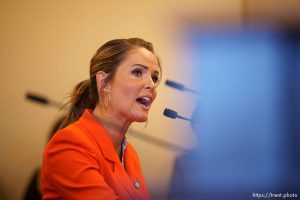 (Trent Nelson  |  The Salt Lake Tribune) Rep. Kera Birkeland, R-Morgan, presents her bill to narrow Utah's legal definitions of sex to exclude transgender people (HB 257) at a meeting of the House Business and Labor Committee at the Utah Capitol in Salt Lake City on Wednesday, Jan. 17, 2024.