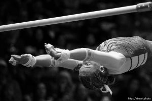 (Trent Nelson  |  The Salt Lake Tribune) Camie Winger on bars as Utah hosts Arizona State, NCAA gymnastics at the Huntsman Center in Salt Lake City on Friday, Jan. 26, 2024.