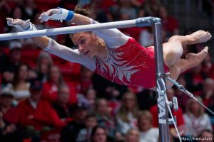 (Trent Nelson  |  The Salt Lake Tribune) Grace McCallum scores 9.975 on bars as Utah hosts Arizona State, NCAA gymnastics at the Huntsman Center in Salt Lake City on Friday, Jan. 26, 2024.