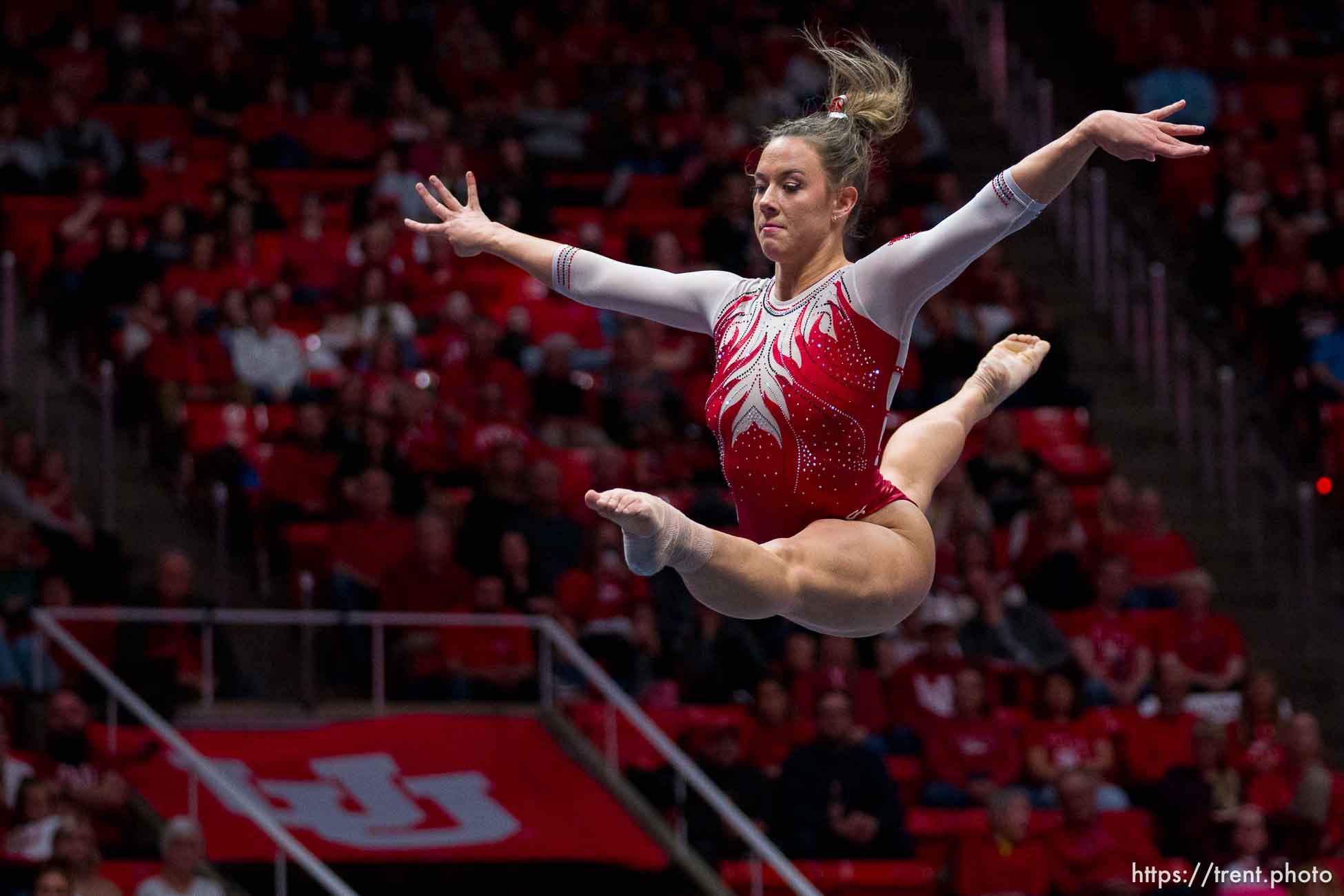 (Trent Nelson  |  The Salt Lake Tribune) Jaylene Gilstrap as Utah hosts Arizona State, NCAA gymnastics at the Huntsman Center in Salt Lake City on Friday, Jan. 26, 2024.