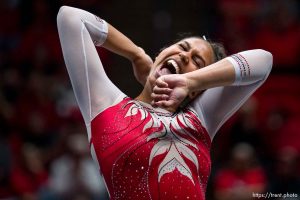 (Trent Nelson  |  The Salt Lake Tribune) Jaedyn Rucker performing a floor routine as Utah hosts Arizona State, NCAA gymnastics at the Huntsman Center in Salt Lake City on Friday, Jan. 26, 2024.