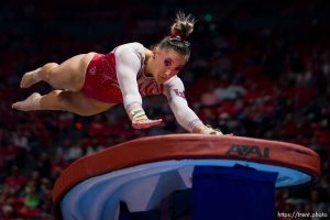 (Trent Nelson  |  The Salt Lake Tribune) Makenna Smith scores a 9.9 on vault as Utah hosts Arizona State, NCAA gymnastics at the Huntsman Center in Salt Lake City on Friday, Jan. 26, 2024.