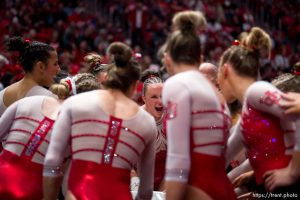 (Trent Nelson  |  The Salt Lake Tribune) Maile O'Keefe leads the huddle as Utah hosts Arizona State, NCAA gymnastics at the Huntsman Center in Salt Lake City on Friday, Jan. 26, 2024.