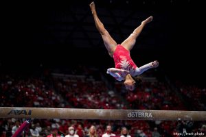 (Trent Nelson  |  The Salt Lake Tribune) Amelie Morgan scores 9.9 on beam as Utah hosts Arizona State, NCAA gymnastics at the Huntsman Center in Salt Lake City on Friday, Jan. 26, 2024.