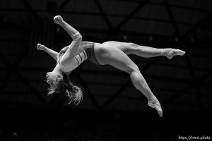 (Trent Nelson  |  The Salt Lake Tribune) Jaylene Gilstrap on the beam as Utah hosts Arizona State, NCAA gymnastics at the Huntsman Center in Salt Lake City on Friday, Jan. 26, 2024.