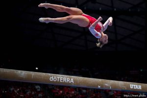 (Trent Nelson  |  The Salt Lake Tribune) Jaylene Gilstrap on the beam as Utah hosts Arizona State, NCAA gymnastics at the Huntsman Center in Salt Lake City on Friday, Jan. 26, 2024.