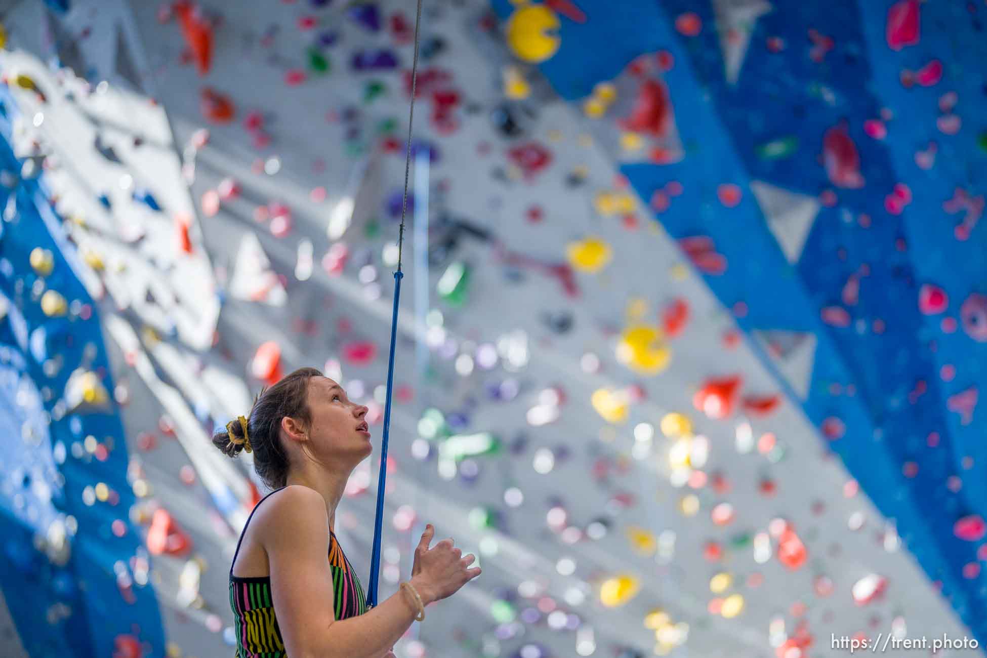 (Trent Nelson  |  The Salt Lake Tribune) Speed climber Emma Hunt at Momentum Indoor Climbing in Millcreek for a speed training camp on Tuesday, Jan. 30, 2024.