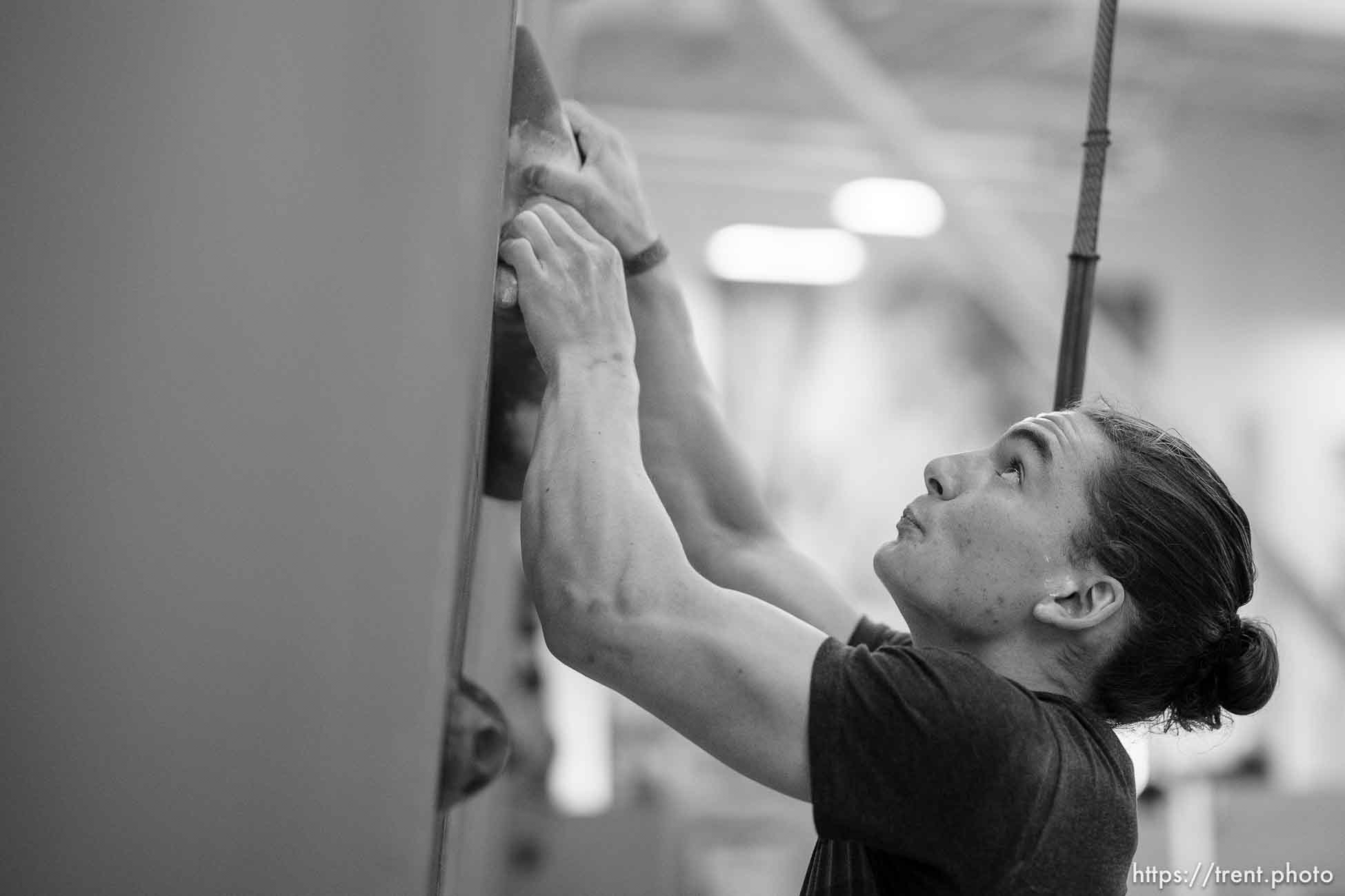(Trent Nelson  |  The Salt Lake Tribune) Zach Hammer. Speed climbers with Olympic aspirations gather at Momentum Indoor Climbing in Millcreek for a speed training camp on Tuesday, Jan. 30, 2024.