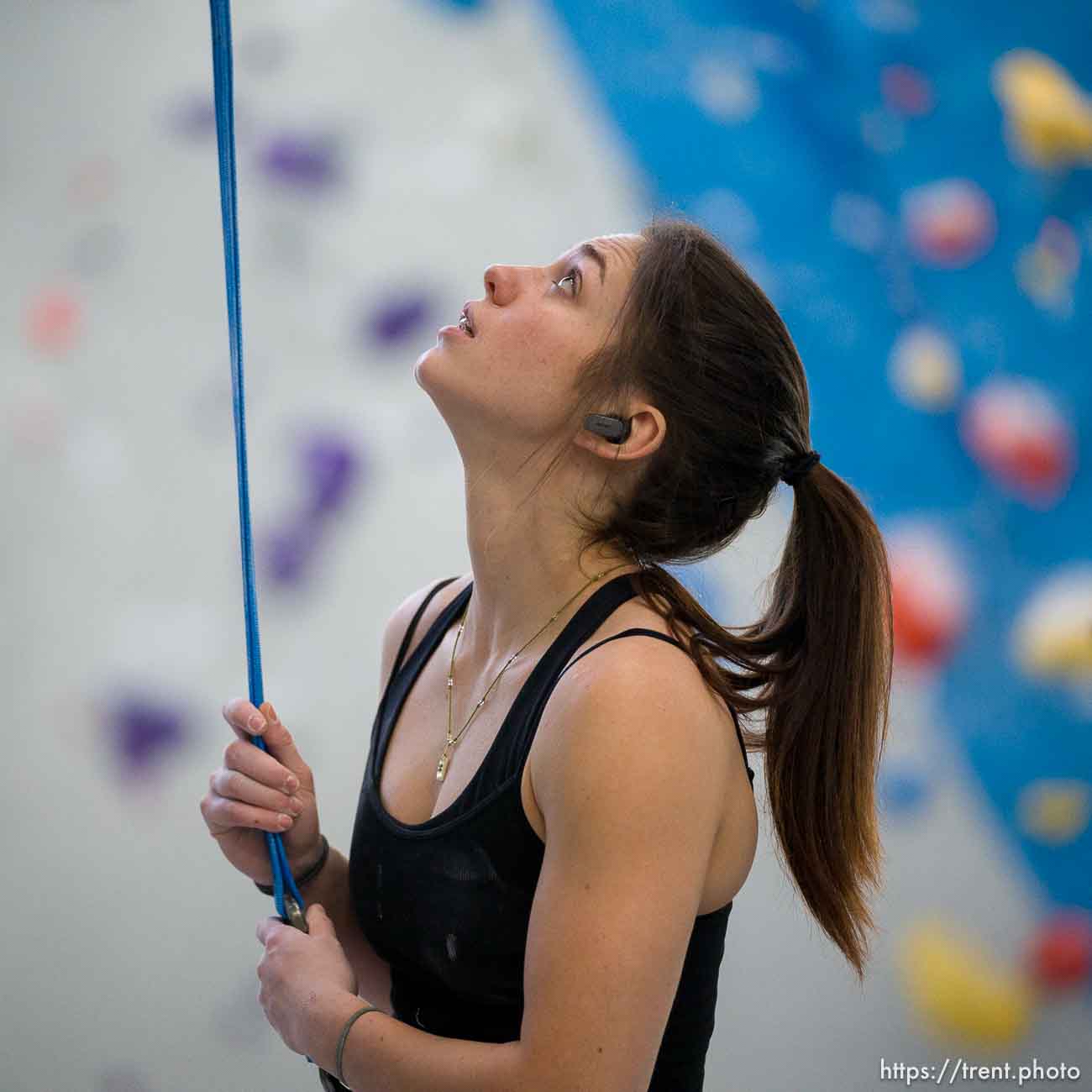 (Trent Nelson  |  The Salt Lake Tribune) Piper Kelly. Speed climbers with Olympic aspirations gather at Momentum Indoor Climbing in Millcreek for a speed training camp on Tuesday, Jan. 30, 2024.