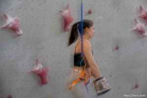 (Trent Nelson  |  The Salt Lake Tribune) Piper Kelly. Speed climbers with Olympic aspirations gather at Momentum Indoor Climbing in Millcreek for a speed training camp on Tuesday, Jan. 30, 2024.