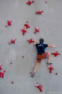 (Trent Nelson  |  The Salt Lake Tribune) Speed climber John Brosler at Momentum Indoor Climbing in Millcreek for a speed training camp on Tuesday, Jan. 30, 2024.