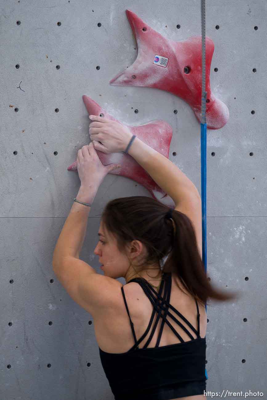 (Trent Nelson  |  The Salt Lake Tribune) Speed climber Piper Kelly at Momentum Indoor Climbing in Millcreek for a speed training camp on Tuesday, Jan. 30, 2024.