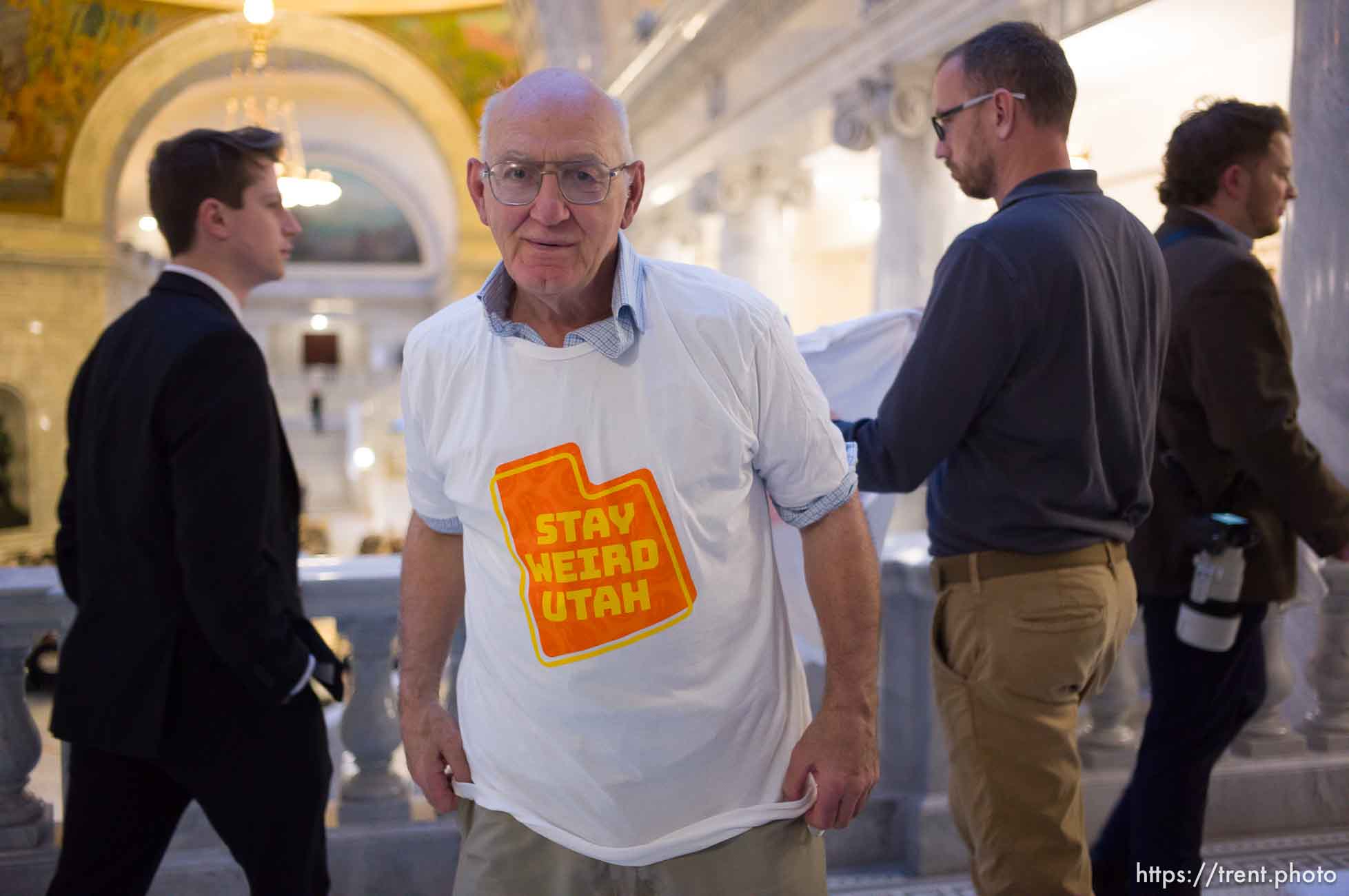 (Trent Nelson  |  The Salt Lake Tribune) George Zinn with Stay Weird Utah t-shirt at the Utah Capitol in Salt Lake City on Thursday, Jan. 18, 2024.