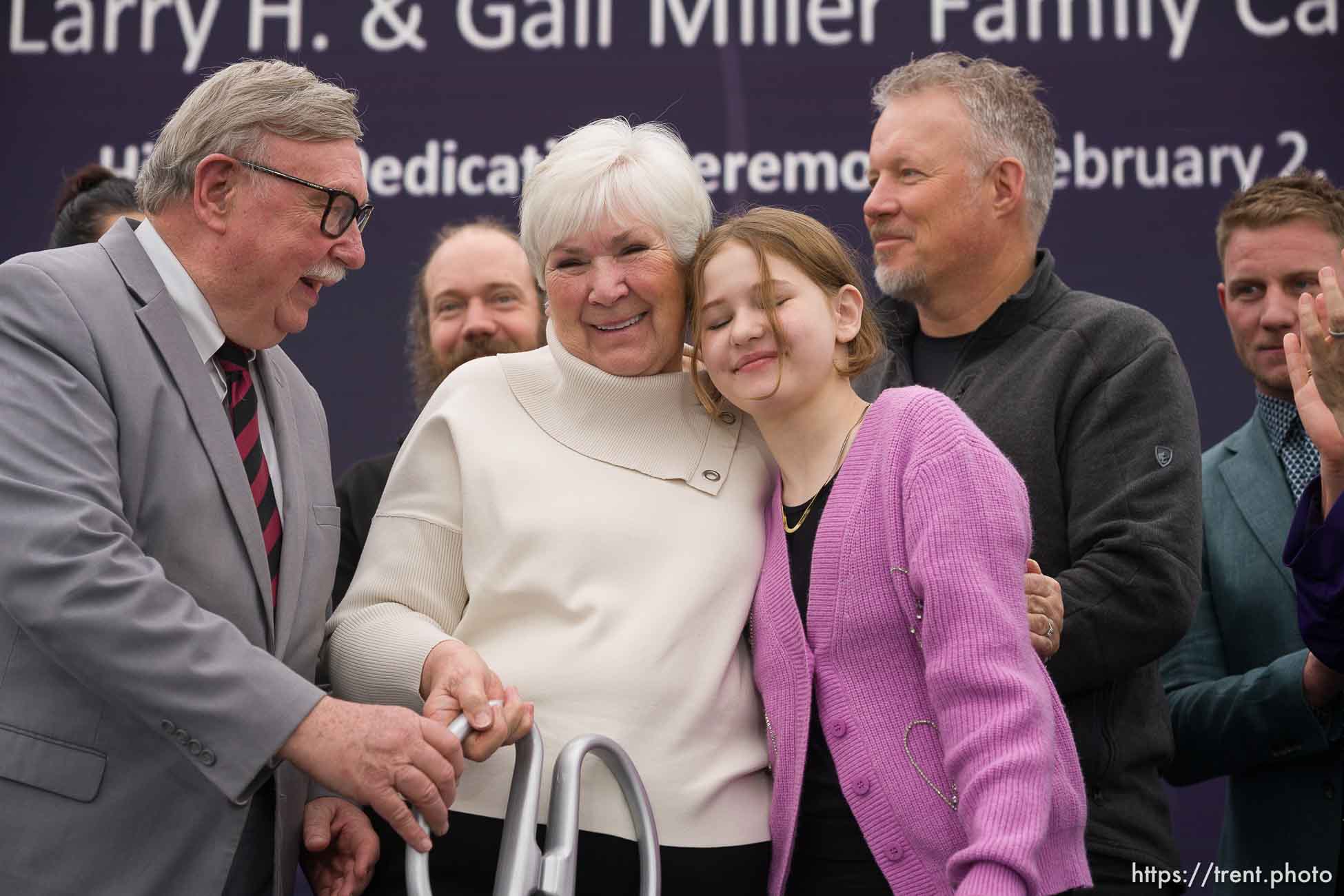 (Trent Nelson  |  The Salt Lake Tribune) Gail Miller embraces former patient Nellie Mainor at the opening of the new Intermountain Primary Children's Hospital in Lehi on Friday, Feb. 2, 2024.