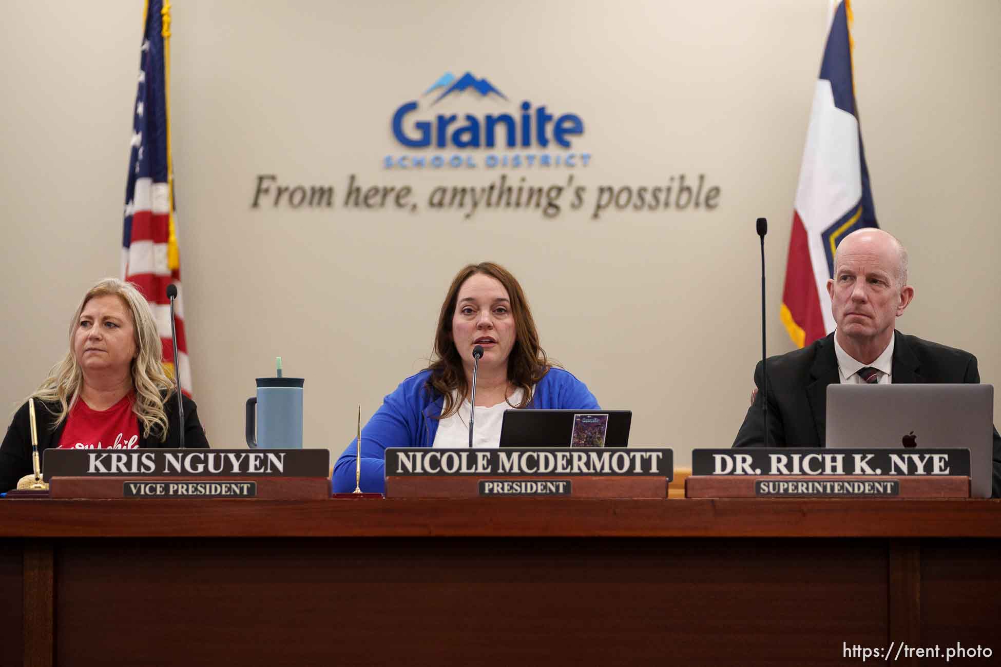 (Trent Nelson  |  The Salt Lake Tribune) The Granite School District's board passes a resolution against the actions of Natalie Cline and in support of its student athlete during a meeting in South Salt Lake on Friday, Feb. 9, 2024. From left are Kris Nguyen, Nicole McDermott and Rich Nye.