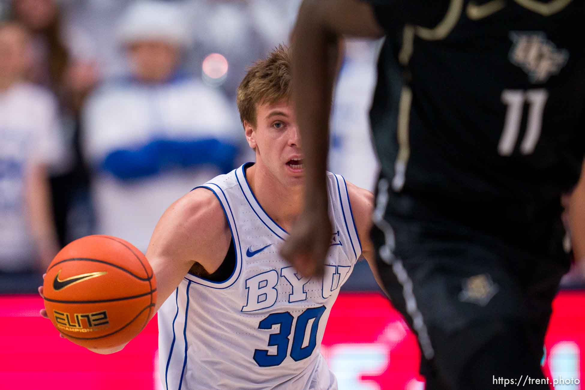 (Trent Nelson  |  The Salt Lake Tribune) Brigham Young Cougars guard Dallin Hall (30) as BYU hosts University of Central Florida, NCAA basketball in Provo on Tuesday, Feb. 13, 2024.