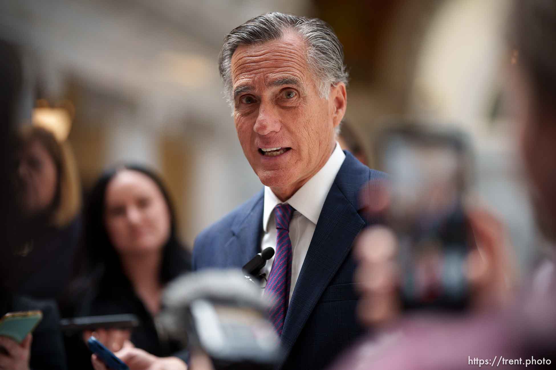 (Trent Nelson  |  The Salt Lake Tribune) Utah Senator Mitt Romney at the Utah Capitol in Salt Lake City on Thursday, Feb. 15, 2024.