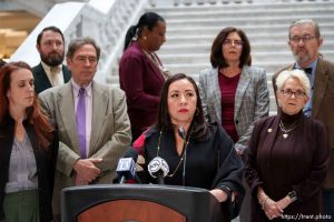 (Trent Nelson  |  The Salt Lake Tribune) House Minority Leader Angela Romero, D-Salt Lake City, speaks as House Democrats hold a news conference to address the Natalie Cline situation at the Utah Capitol in Salt Lake City on Thursday, Feb. 15, 2024.