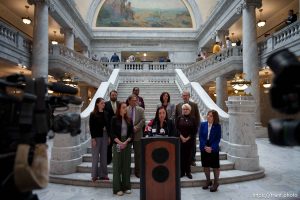 (Trent Nelson  |  The Salt Lake Tribune) House Minority Leader Angela Romero, D-Salt Lake City, speaks as House Democrats hold a news conference to address the Natalie Cline situation at the Utah Capitol in Salt Lake City on Thursday, Feb. 15, 2024.